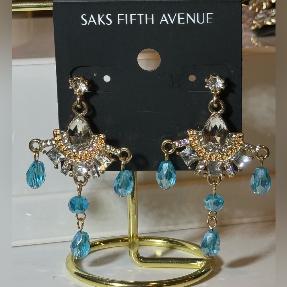 Saks Fifth Ave Gold Tone Blue Crystal Post Dangle Chandelier Earrings